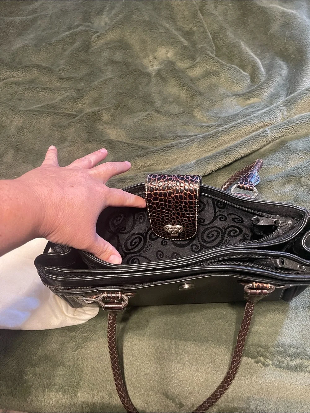 Vintage Black Leather Satchel Bag with Brown Accents